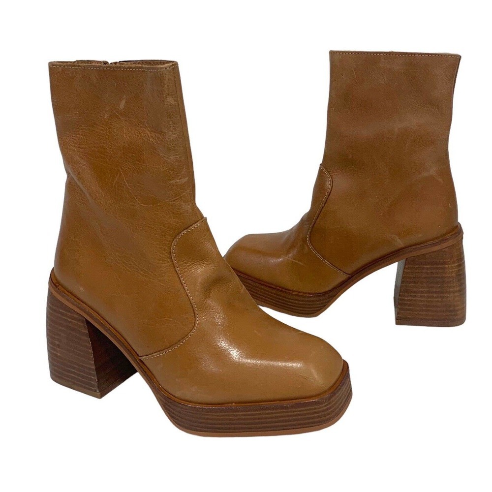 Free People | Boots Ruby Platform Caramel Square Toe Leather NEW
